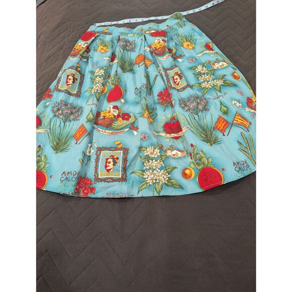 Blue vintage inspired Frida Kahlo printed A-line skirt size Large NWOT - Picture 2 of 8